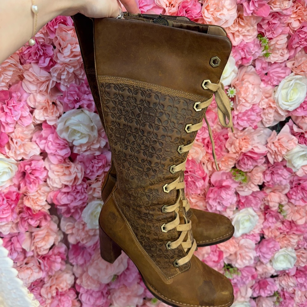 Timberland Knee High Lace Up Heeled Boots Size 8.5